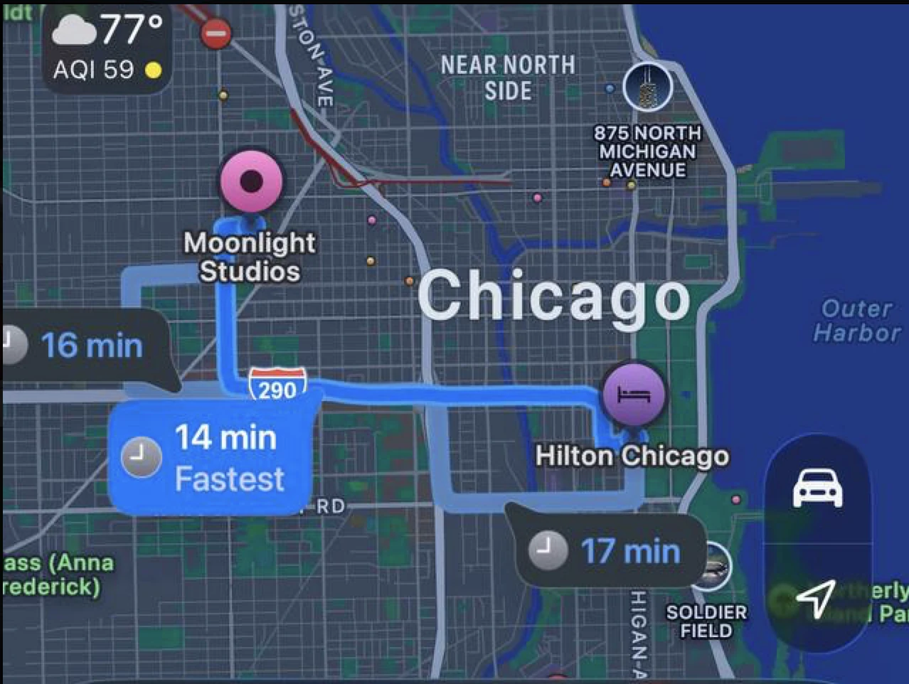 Map of Chicago showing the driving route between Hilton Chicago in the South Loop and Moonlight Studios on the Near West Side, roughly 14 minutes by car