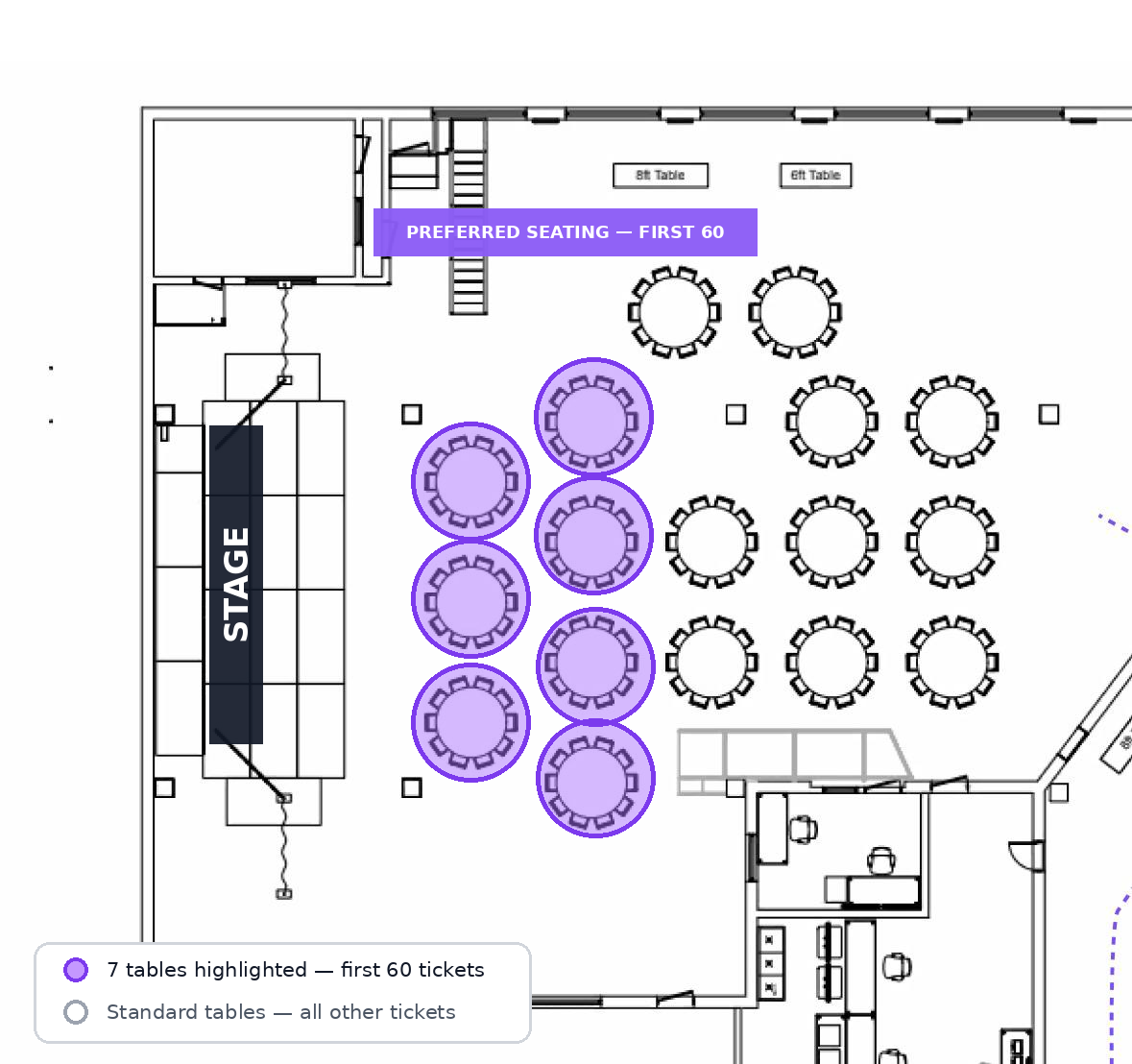 Moonlight Studios floor plan with the seven tables closest to the stage highlighted in purple as preferred seating for the first 60 tickets