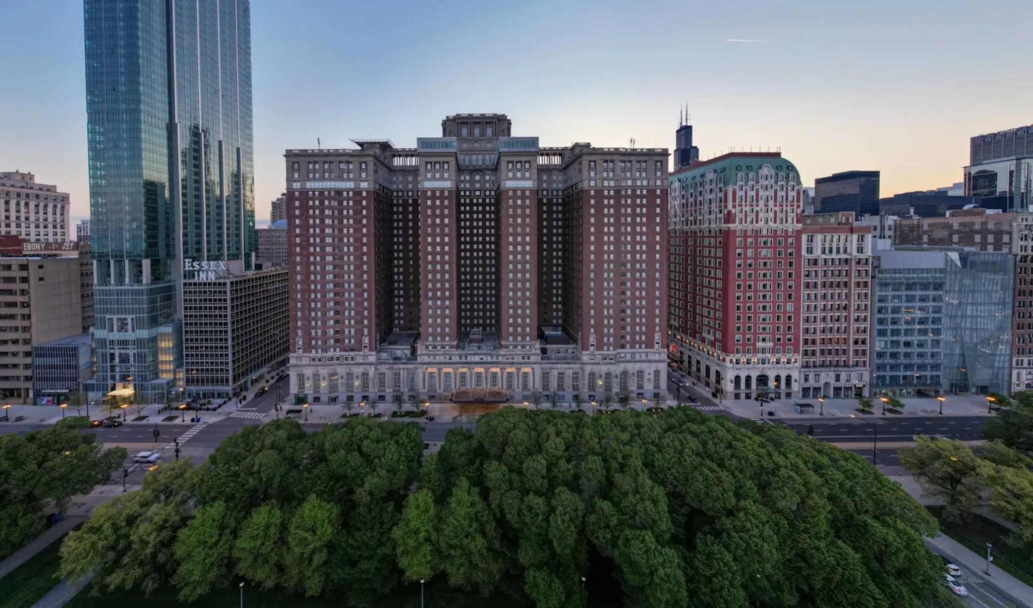 Hilton Chicago exterior seen across Grant Park