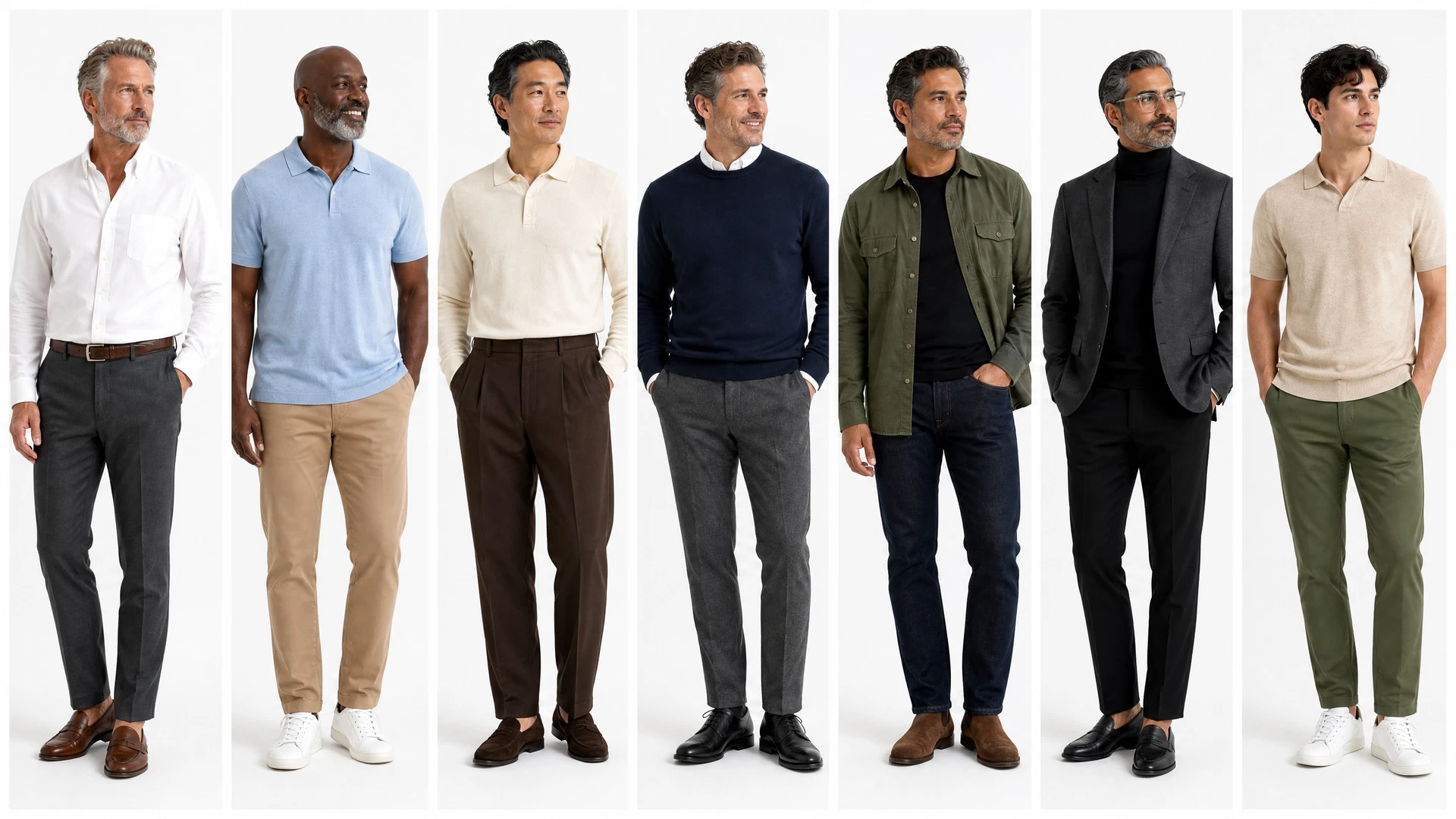 Seven business casual outfit references for men: a white button-down with tailored trousers, untucked short-sleeve polos, knit sweaters, chinos and loafers in neutral tones