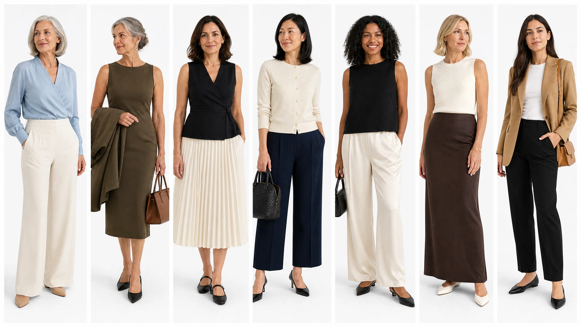 Seven business casual outfit references for women: tailored trousers, midi and column skirts, knit tops, sheath dresses and a camel blazer in neutral tones